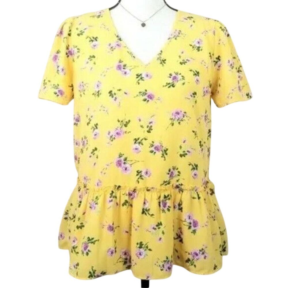 Pleione Women Yellow Peplum Ruffle Floral Blouse Top S Feminine Cottage Twee NEW